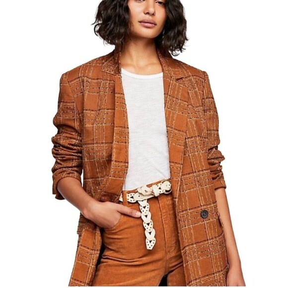Free People Sporty Girl Uptown Blazer Caramel Brown Plaid Long Lines Size XS - Picture 5 of 12
